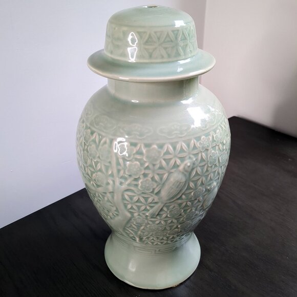 Wildwood Home Celadon Glazed Ginger Jar Lamp Base w/ Floral Fauna Engraving - Picture 2 of 12